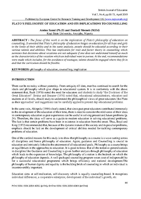 Plato’s Philosophy of Education and Its Counselling Implications: A ...
