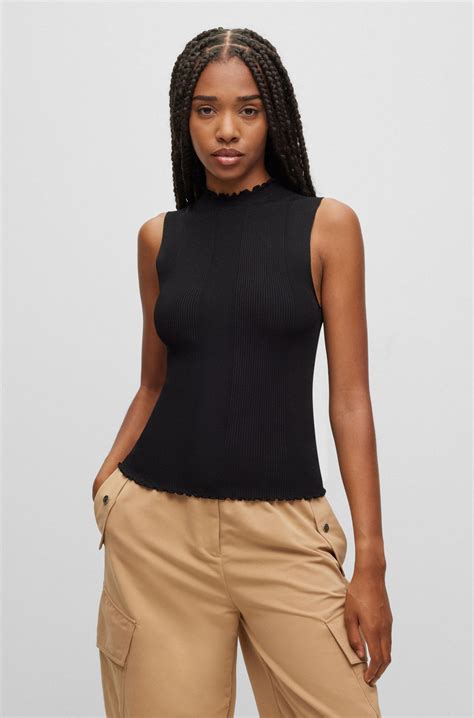 HUGO - Mock-neck sleeveless top in ribbed crepe - Black