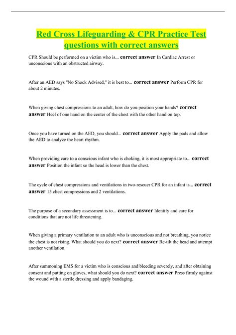 Red Cross Lifeguarding & CPR Practice Test questions with correct ...