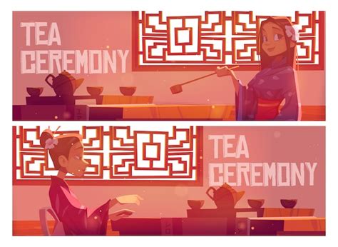 Teezeremonie-Cartoon-Banner-Set | Kostenlose Vektor