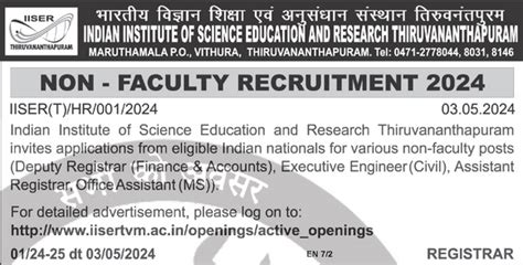 IISER Trivandrum Recruitment 2024 Apply Online for 04 Non Teaching ...