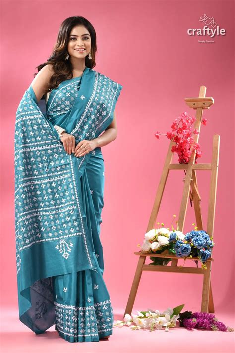 Viridian Green White Thread Gujrati Stitched Saree – Craftyle