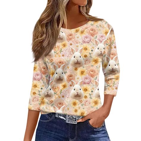 Fabrcox Women's Easter Shirt Egg Rabbit Crew Neck Fitted Womens 3/4 ...