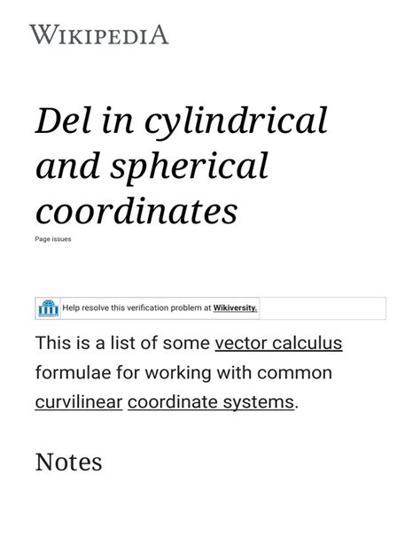 Del in Cylindrical and Spherical Coordinates - Wikipedia | Download ...