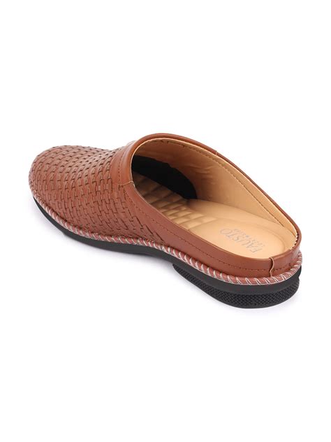Shop Men Tan Back Open Knit Design Stitched Ethnic Casual Mules Online