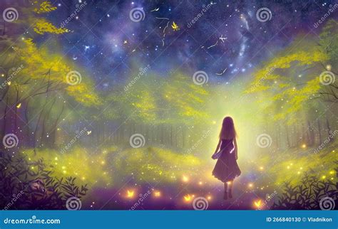 Girl Standing in Middle of Magic Night Forest with Sky Background and ...
