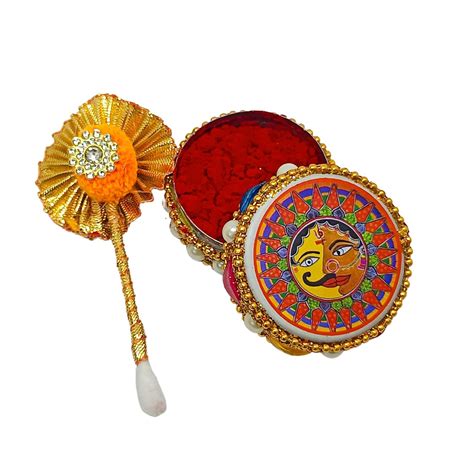 santarms Aluminium Kumkum Box with Sindoor and Stick, Designer Stone M ...