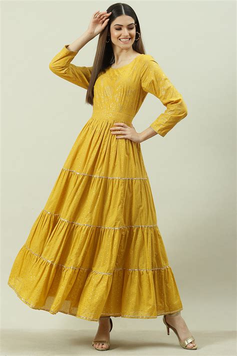 Buy Mustard Cotton Flared Printed Dress Online at Biba India