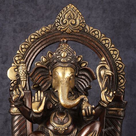 Pure Brass Superfine Lord Ganesha Seated on Throne Dual Tone Sculpture ...