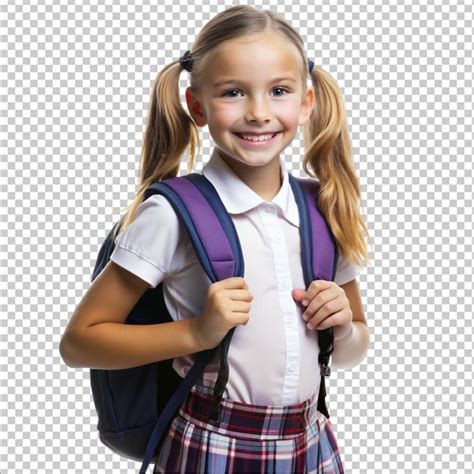 A school girl with a bag on her back is ready to going to school ...