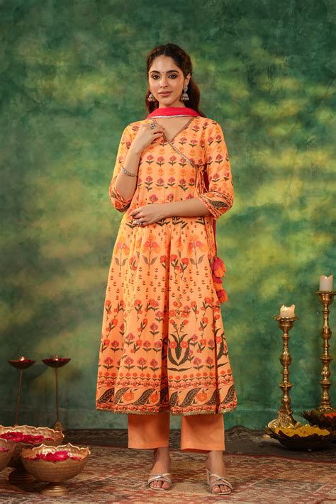 Women Ethnic Motifs Printed Pure Cotton Orange Kurta with Trousers ...