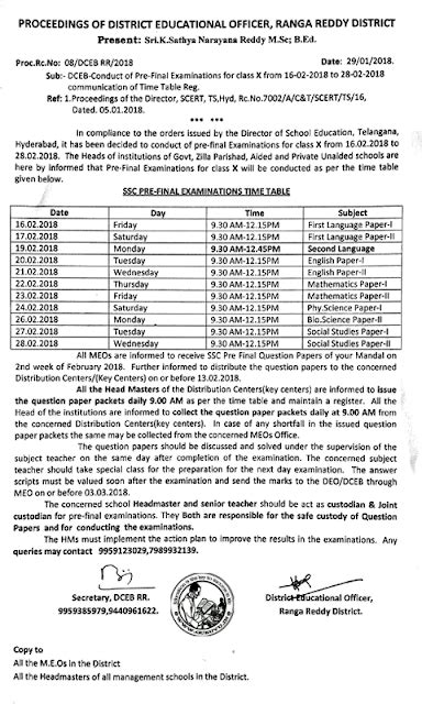 TS SSC Pre Final Exams Time Table
