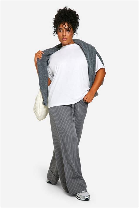 Plus Elasticated Waist Stripe Turn Up Hem Pants | boohoo USA