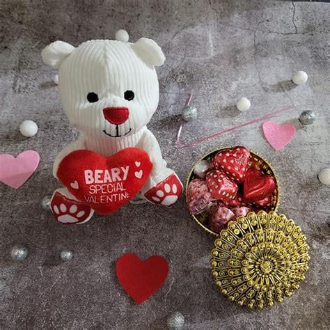 Send Plush Teddy with Heart Shape Truffle Chocolate in Golden Case ...