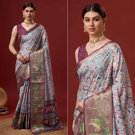 Sky Blue Digital Printed Cotton Silk Saree With Border