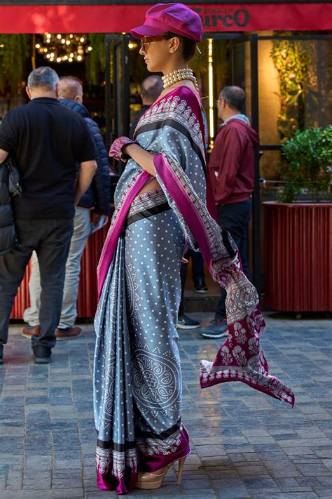 Desuetude Grey Digital Printed Satin Silk Saree With Diaphanous Blouse ...