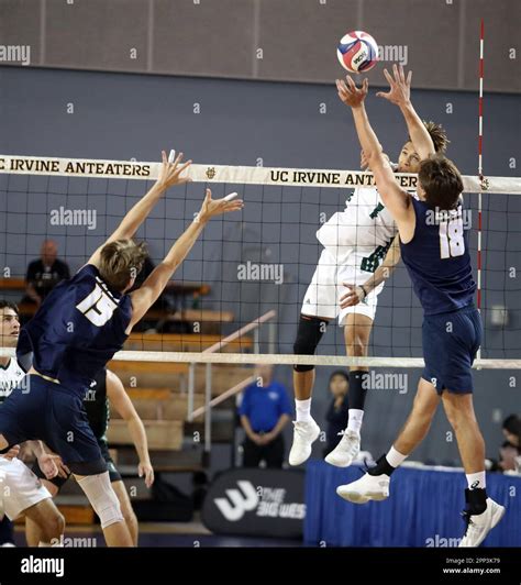 April 21, 2023 - Hawaii Rainbow Warriors Chaz Galloway #1 puts a ball in between a late block ...