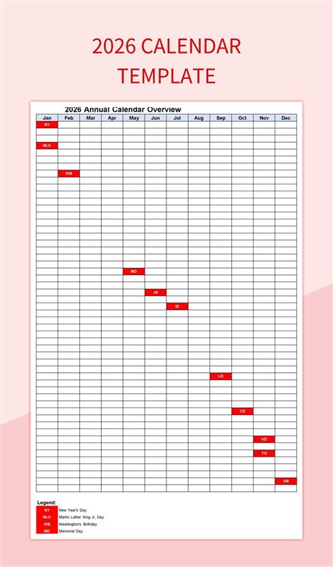 Excel Calendar Template 2026