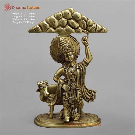Brass Krishna Lifting Govardhan Parvat, Smooth finish 10” – Dharma Statues