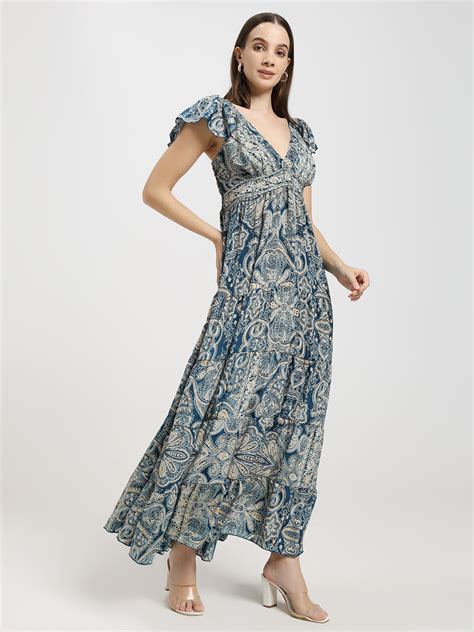 Multi-Tier Deep V Neck Cap Sleeves Boho Printed Maxi Dress in Boho Bre