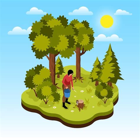 Isometric mushroom pickers isolated composition with island shaped ...