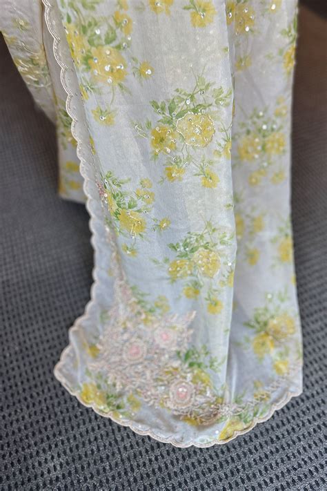Premium tissue organza floral print saree with handwork– House of Mannath