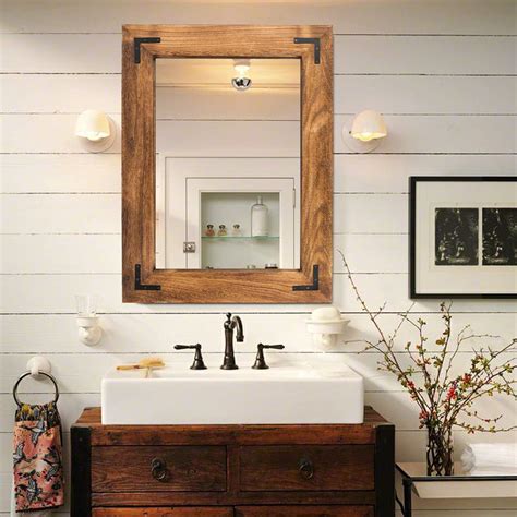 Buy YOSHOOT Rustic Wooden Framed Wall Mirror, Natural Wood Bathroom ...