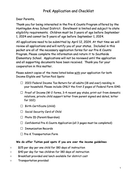 2024 Pre-K Counts Enrollment Form - Huntingdon Area School District