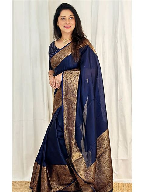 Navy Blue Banarasi Woven Soft Saree with Antique Zari Border & Pallu ...