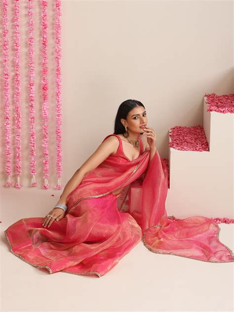 Pink Magic Saree – Metallic Chiffon Drape with Lace Border & Blouse Fa