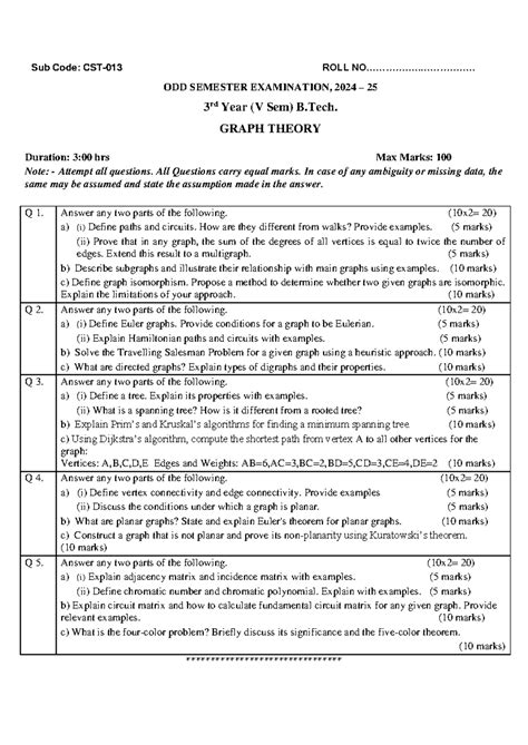 Graph Theory CST-013 - ODD SEMESTER EXAMINATION 2024-25 - Studocu