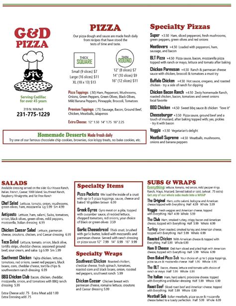 Menu at G & D Pizza & Party Store pizzeria, Cadillac
