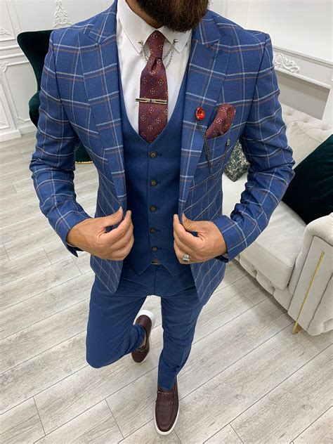 Aysoti Bussi Blue Slim Fit Peak Lapel Plaid Suit - Aysotiman