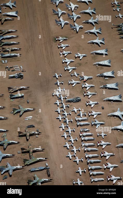 aerial view above military aircraft boneyard Tucson Arizona Davis ...