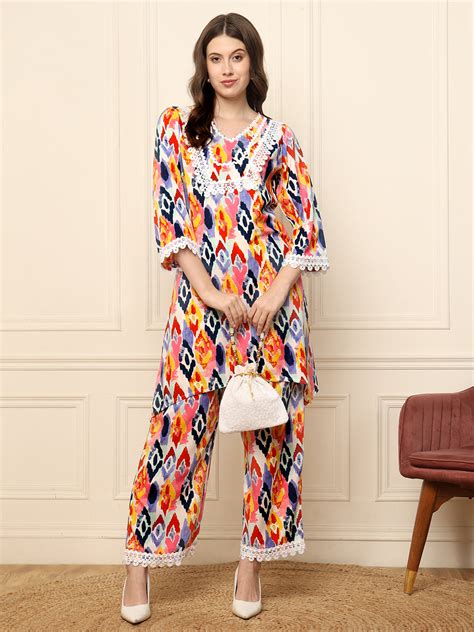 Multi Colour Ikkat Printed Kurta With Palazzo Women Co-Ord Set