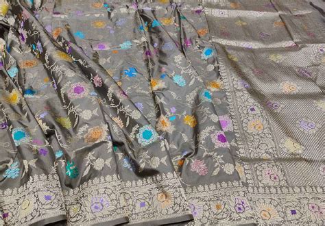 Grey Banarasi Silk Meenakari Saree