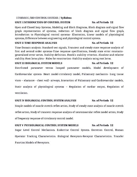 U20BM601-syllabus - NIL - U20BM601/BIO CONTROL SYSTEMS / Syllabus: UNIT ...