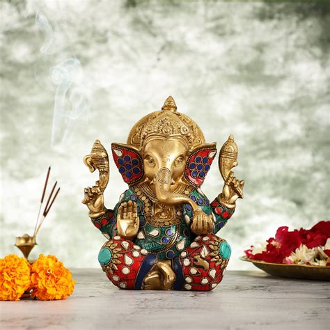 Brass lord Ganesha Idol with Sharp Features - 8 Inch – Budhshiv.com