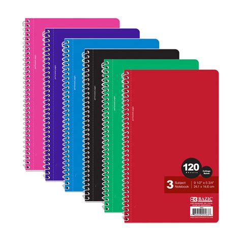 BAZIC College Ruled 3 Subject Spiral Notebooks 120 Sheets 9.5"x5.75", 6 ...