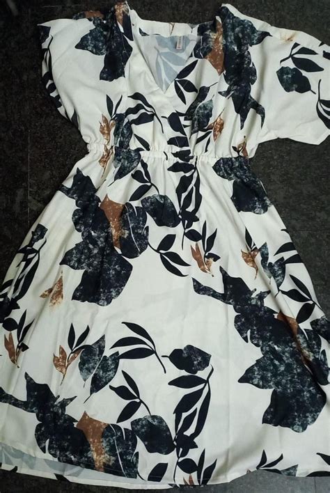Black and White Rayon Leaf Printed Midi Dress
