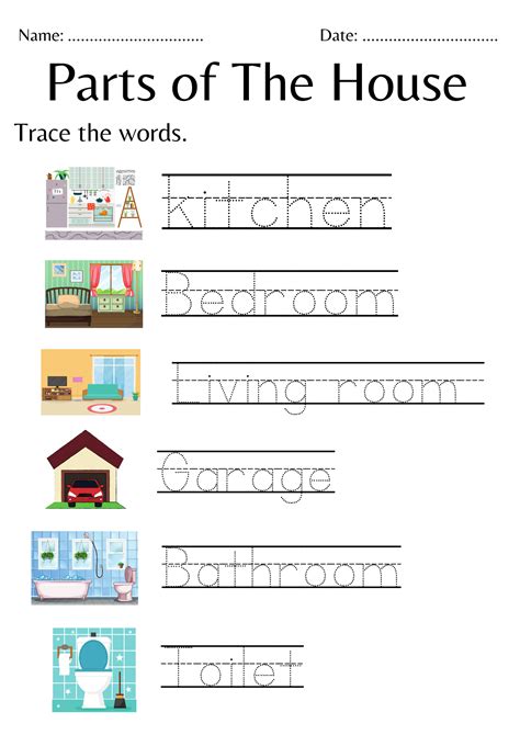 Matching parts of the house worksheet for kindergarten - Trace parts of ...