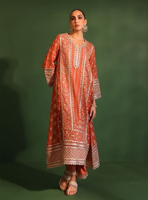 Katha Organza Orange Anarkali Kurta Set