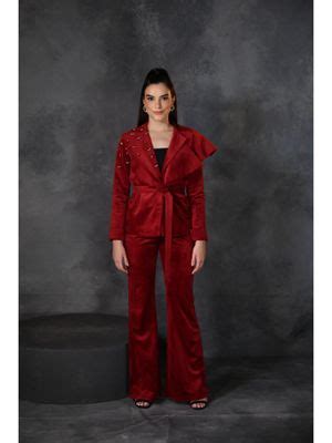 Buy Ombrello Red Velvet Embroidered Blazer with Pant and Belt (Set of 3 ...