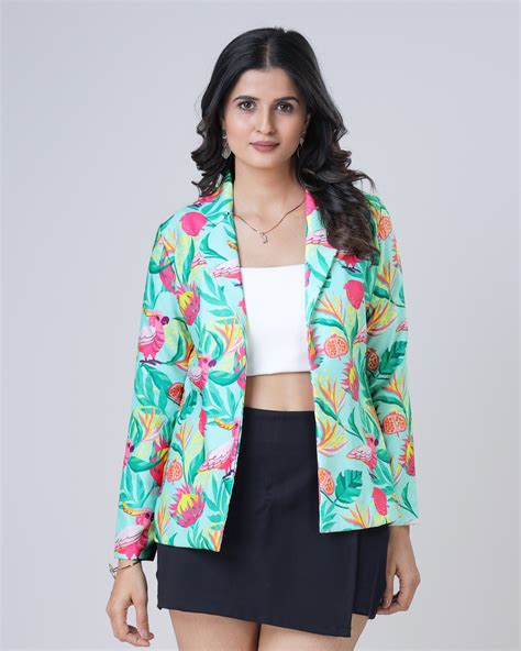 Pop Of Color: Blue And Pink Floral Notched Collar Jacket – Fabcurate