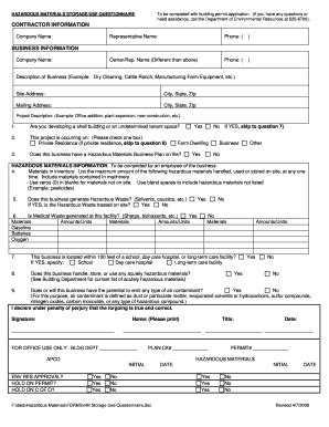 Fillable Online HAZARDOUS MATERIALS STORAGE/USE QUESTIONNAIRE Fax Email ...