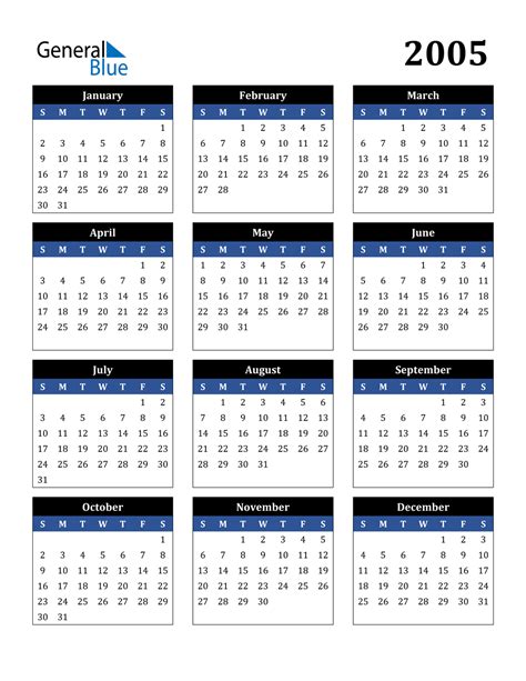 Free 2005 Calendars in PDF, Word, Excel