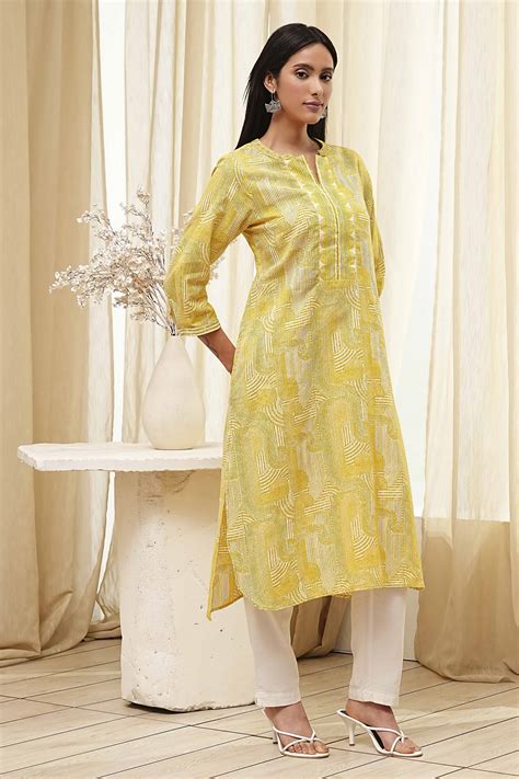 Buy Yellow Cotton Printed Straight Kurta Online at Biba India