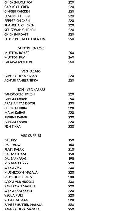 Menu at Elus Biryani, Hyderabad