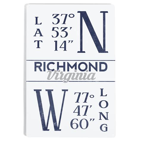 Richmond, Virginia, Latitude and Longitude (Blue) (12x18 Aluminum Art, Indoor Outdoor Metal Sign ...