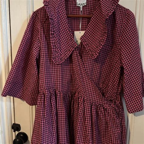 purchase in Ganni NWT Seersucker Check Ruffle Collar Midi Wrap Dress EU ...